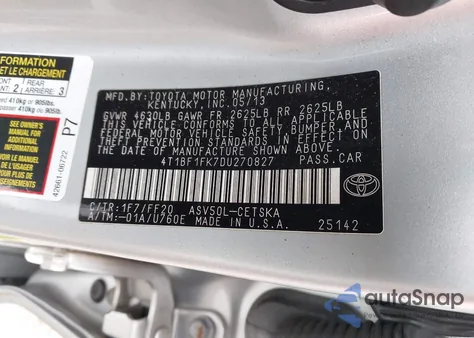2013 Toyota Camry Se z USA, uszkodzony, nr VIN 4T1BF1FK7DU270827